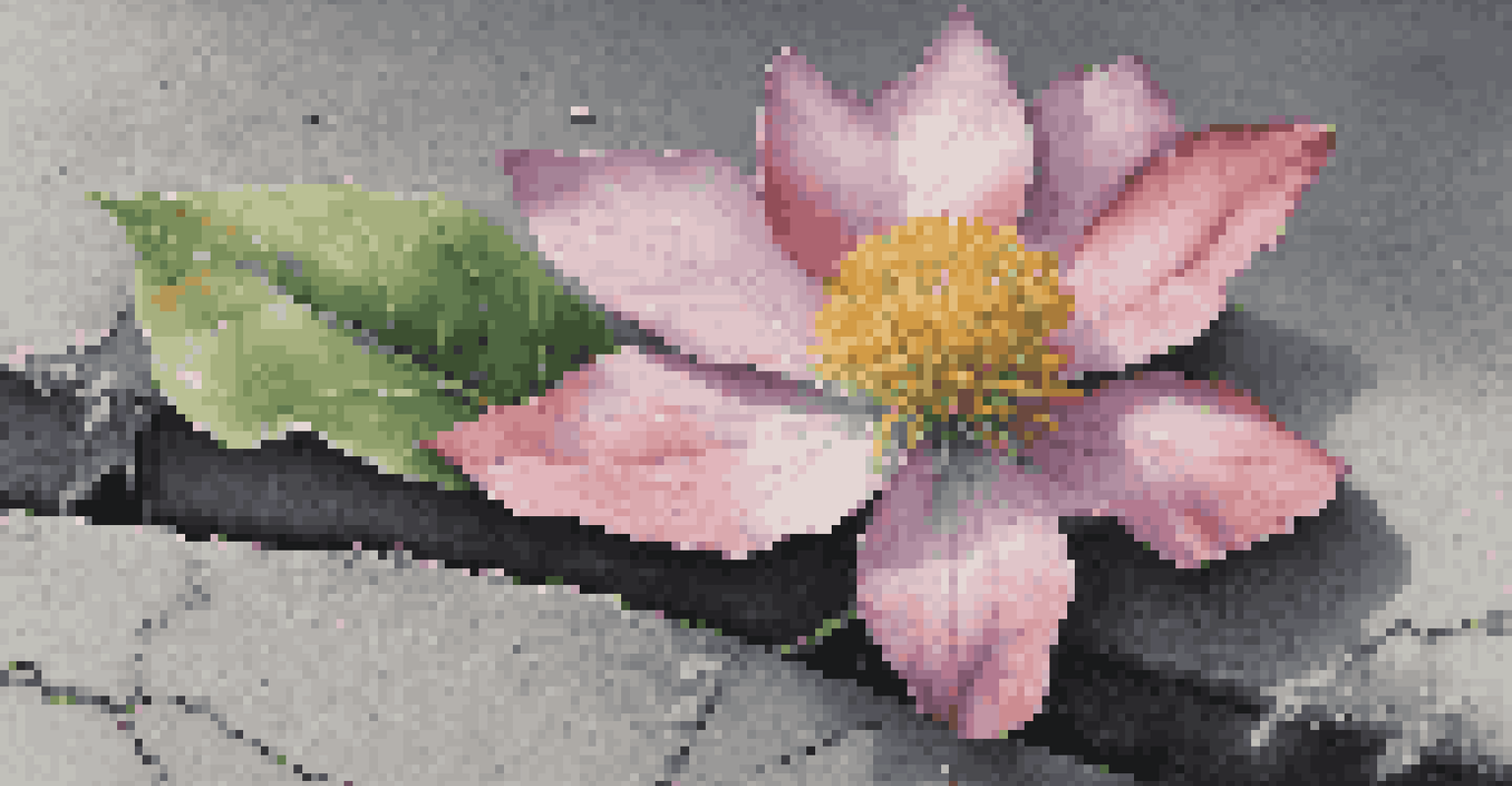 A close-up of a colorful flower growing through a crack in the concrete sidewalk, representing resilience.