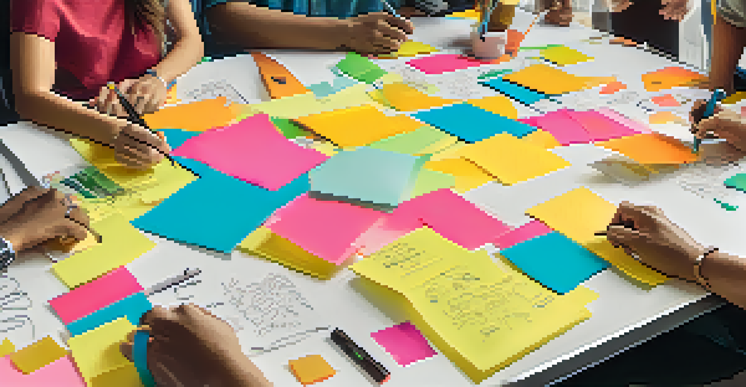 A close-up of students' hands collaborating on a group project with colorful sticky notes and sketches on a whiteboard.