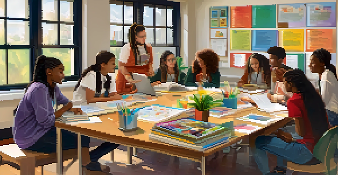 A diverse group of students collaborating at a table, surrounded by books and laptops in a bright classroom.