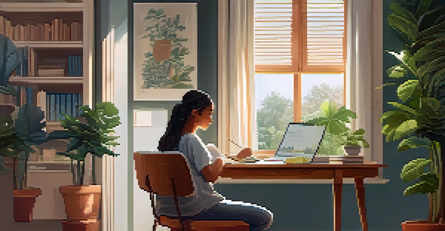 A cozy home study area with a student working on a laptop, surrounded by books and a plant, highlighting a peaceful learning environment.