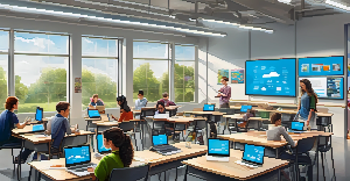A bright classroom with students using laptops and tablets, engaged in collaborative learning with digital screens displaying educational content.