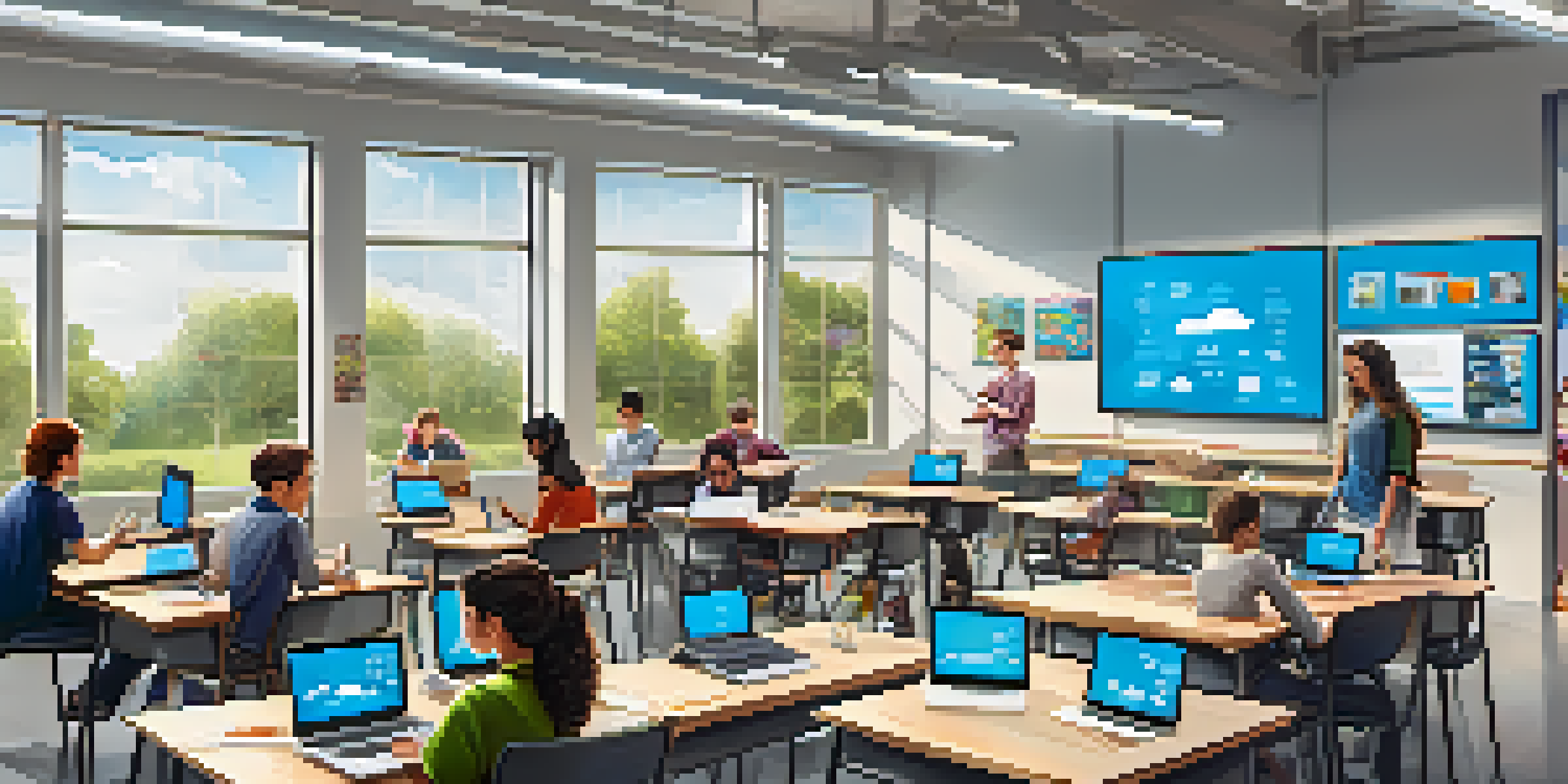 A bright classroom with students using laptops and tablets, engaged in collaborative learning with digital screens displaying educational content.