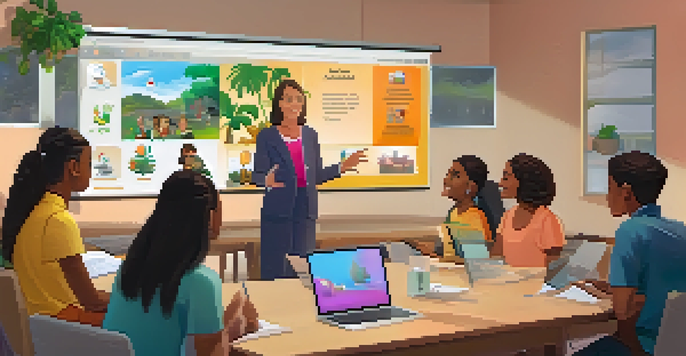 A virtual classroom with students on a video call, a teacher explaining, and colorful learning materials.