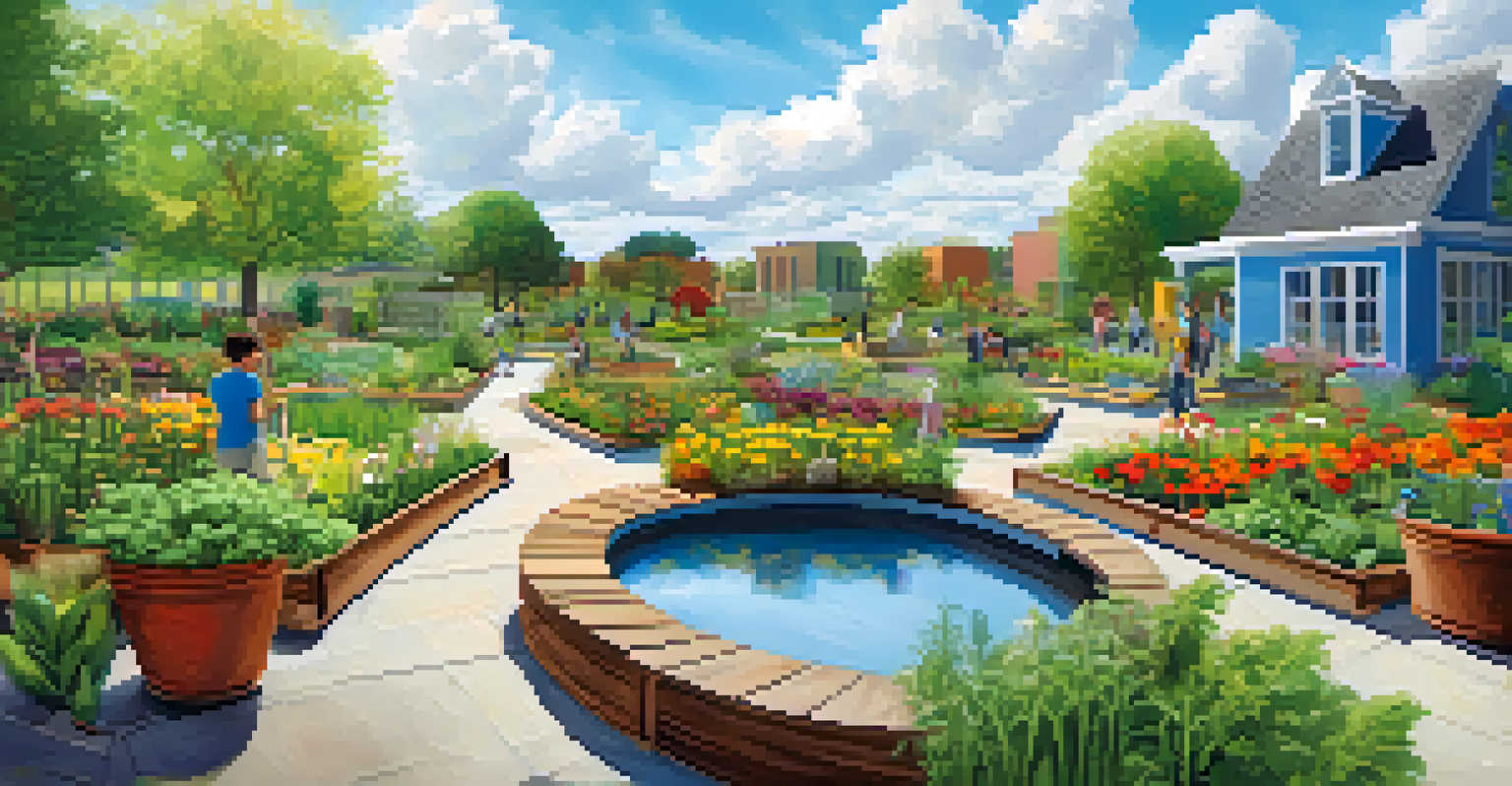 Students working in a colorful outdoor sustainable garden, integrating science and art in their designs.