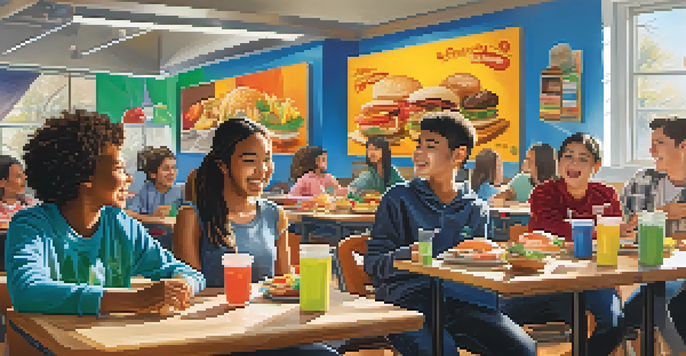 A classroom filled with students role-playing in a restaurant scenario, practicing language skills with colorful food posters around.