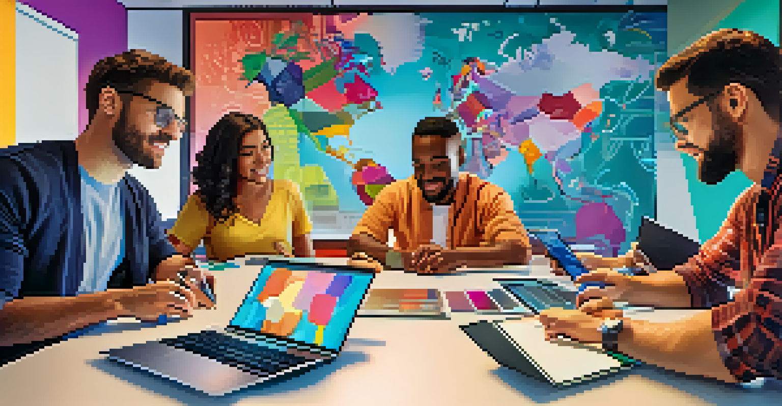 A diverse group of people collaborating and learning together with tablets and laptops in a lively environment.