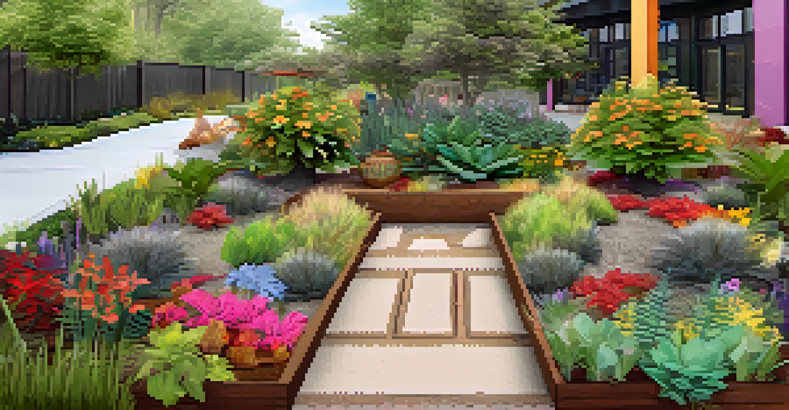Sensory garden for special needs students with sensory bins filled with natural materials, surrounded by colorful flowers and greenery for a tactile learning experience.
