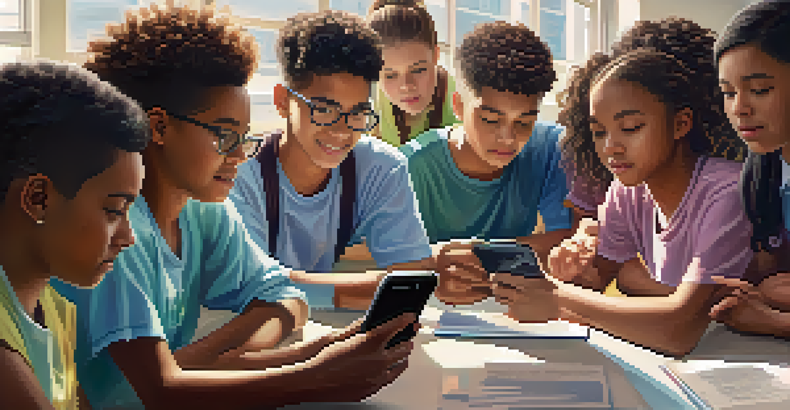 Students engaged with social media updates on a smartphone during a school emergency.