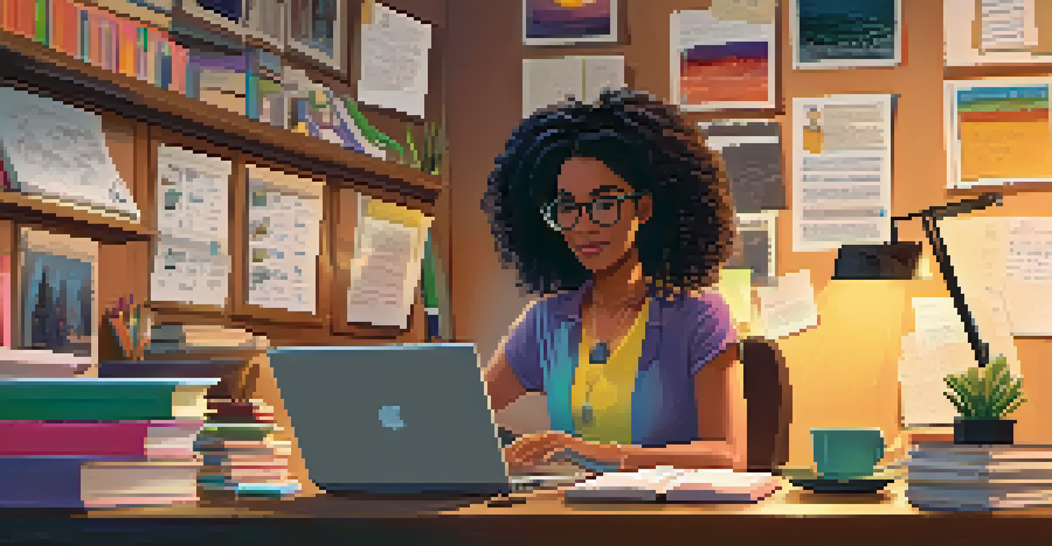 A person studying in a cozy home office, surrounded by books and notes, with warm lighting and a coffee cup on the desk.