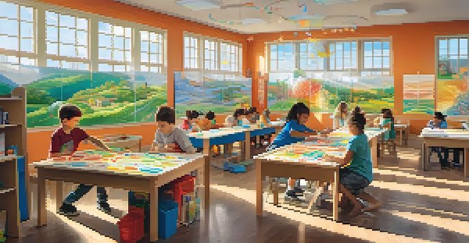 A classroom where children are collaborating on a spaghetti bridge project, surrounded by colorful art supplies and bright sunlight.