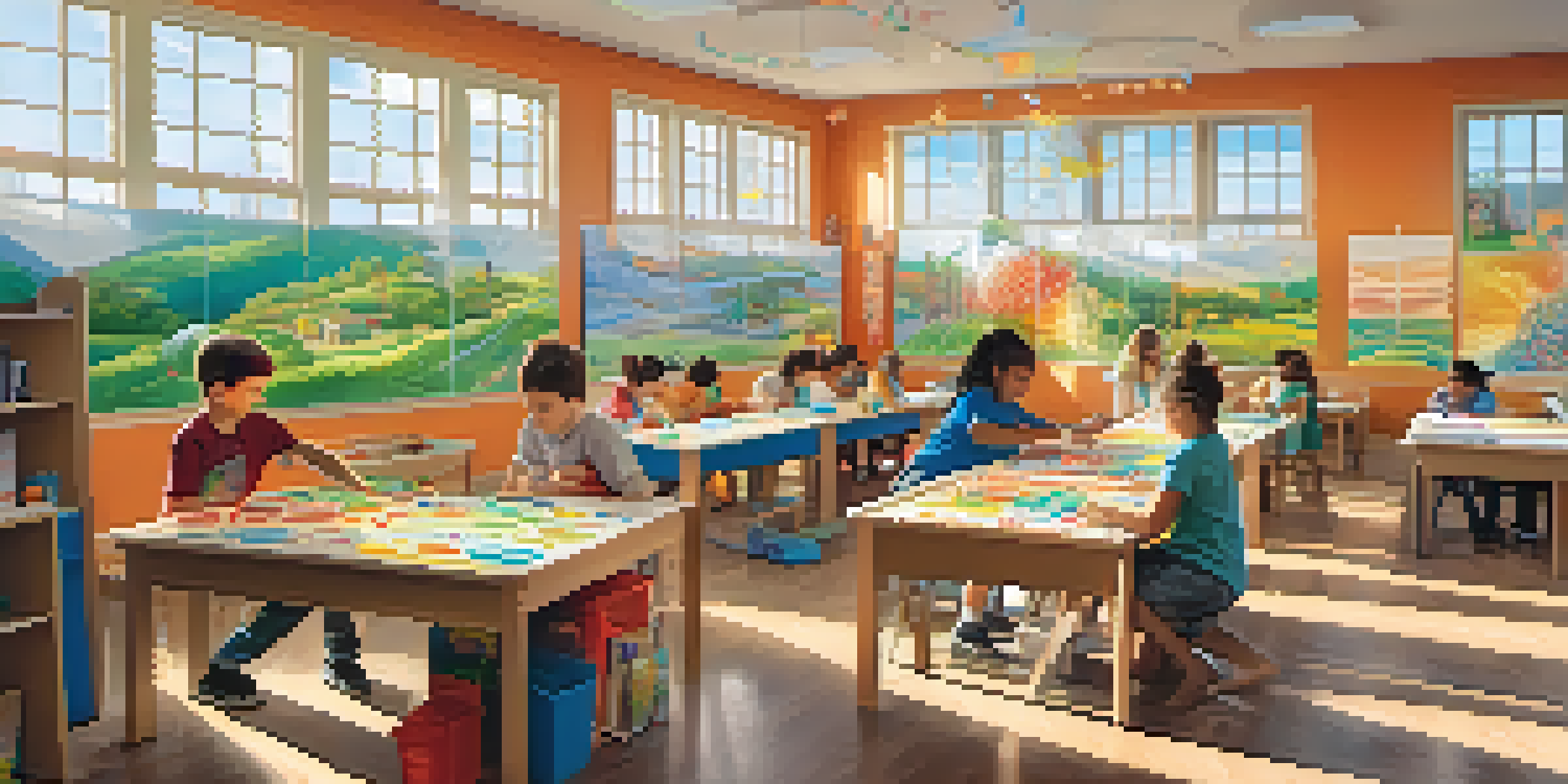 A classroom where children are collaborating on a spaghetti bridge project, surrounded by colorful art supplies and bright sunlight.
