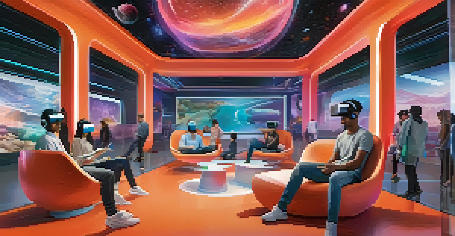 A modern space where people use virtual reality technology to collaborate and engage with digital content, surrounded by futuristic designs.