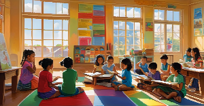 A diverse group of children engaged in a multilingual learning activity in a bright classroom filled with colorful decorations and sunlight.