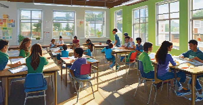 A vibrant classroom scene with students collaborating on a project, illuminated by sunlight.
