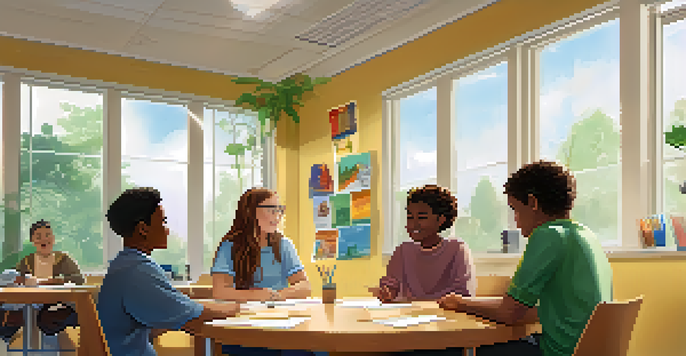 A diverse group of students in a cozy classroom discussing cognitive behavioral therapy with a teacher, surrounded by motivational posters and plants.