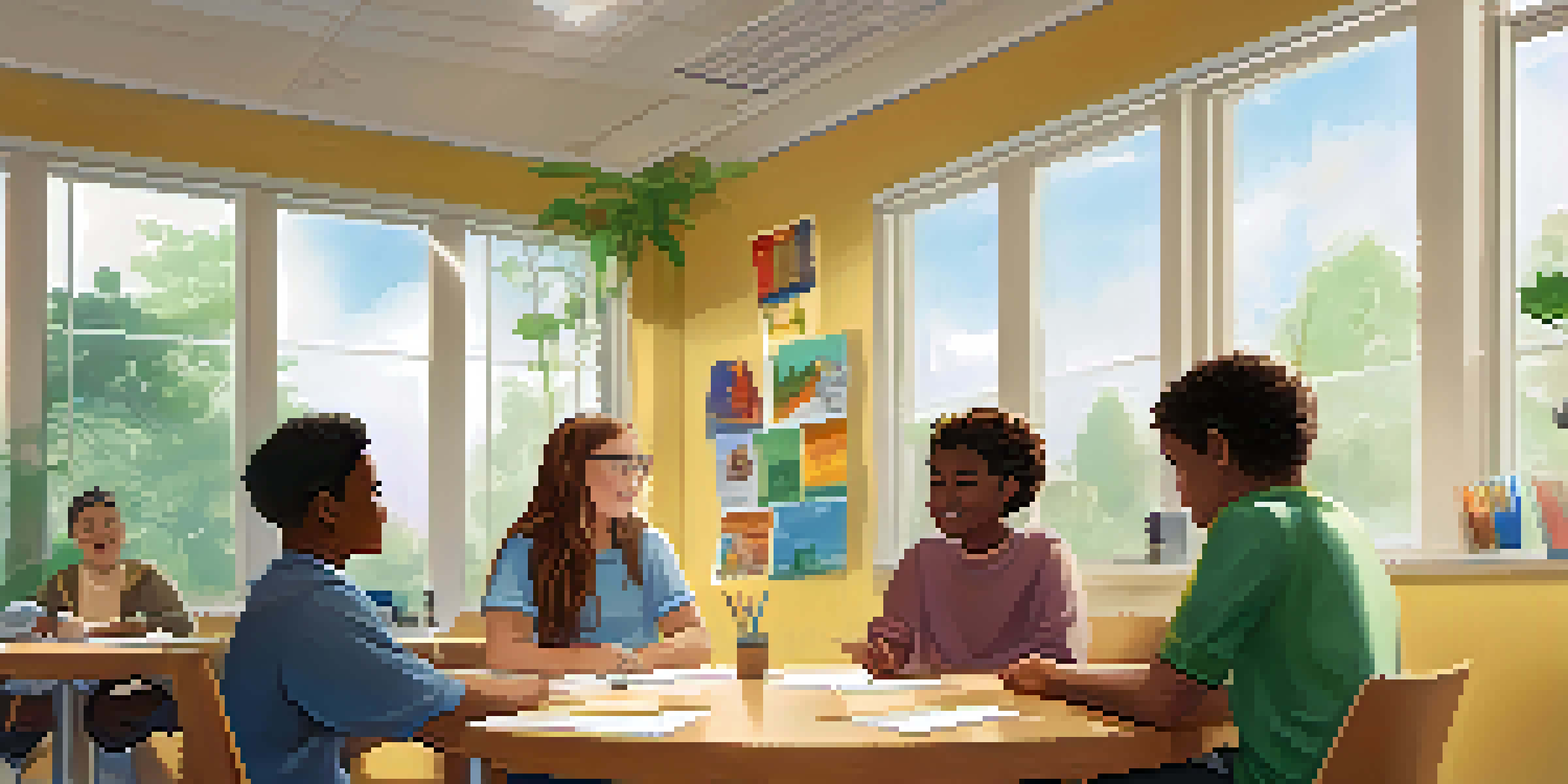 A diverse group of students in a cozy classroom discussing cognitive behavioral therapy with a teacher, surrounded by motivational posters and plants.