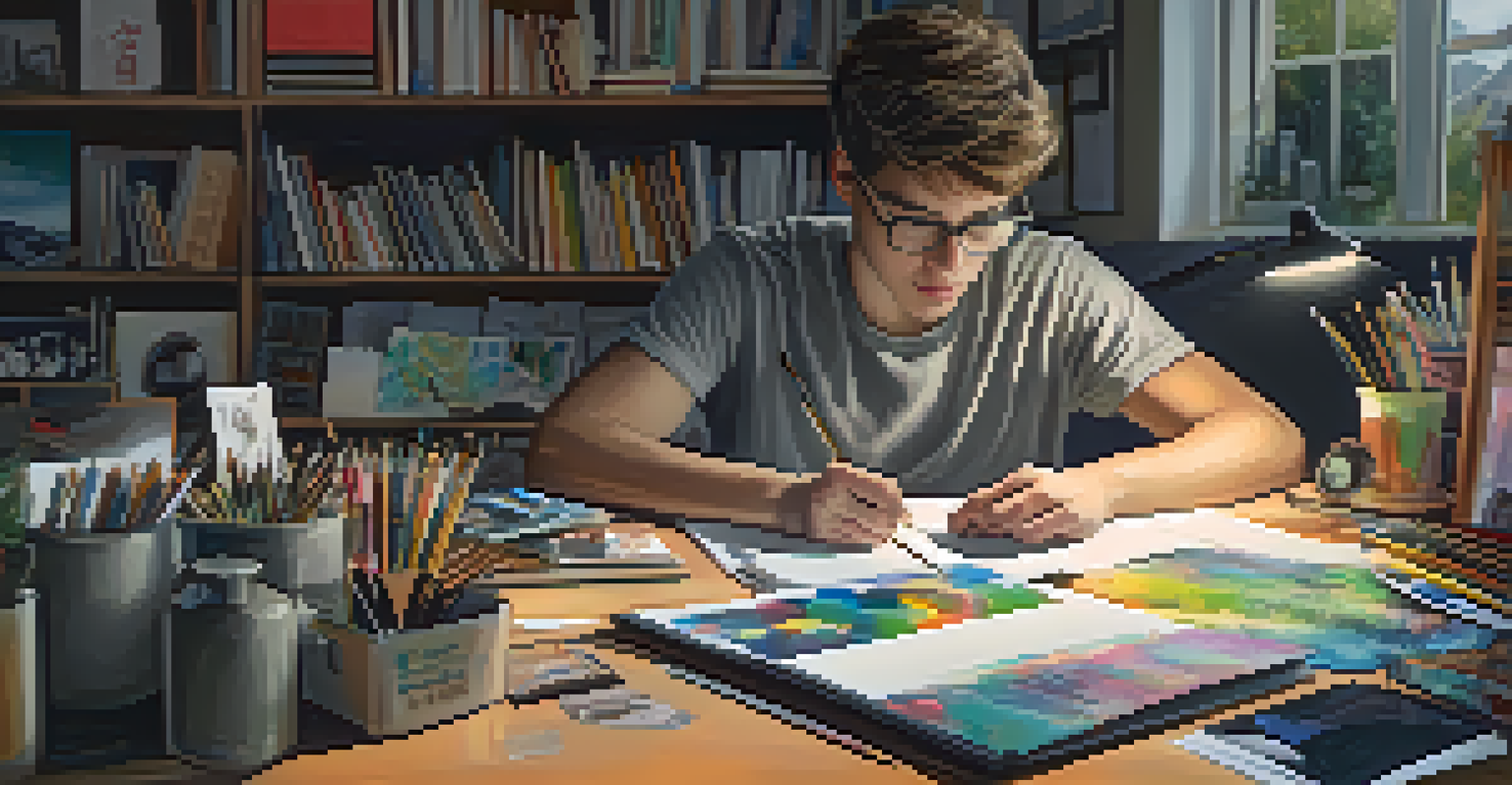 A student at a desk surrounded by art supplies, working on a creative project that blends painting with digital design.