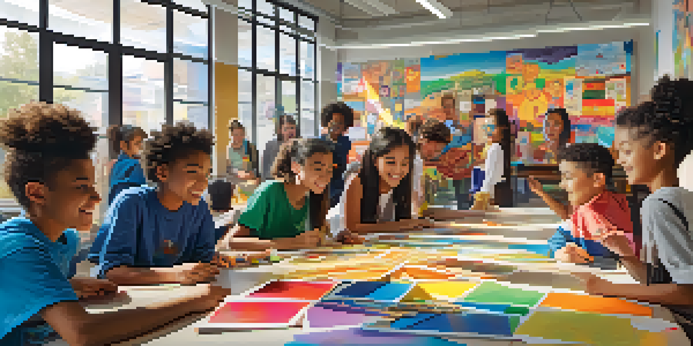 A classroom with diverse students working together on a colorful mural project, illuminated by sunlight.