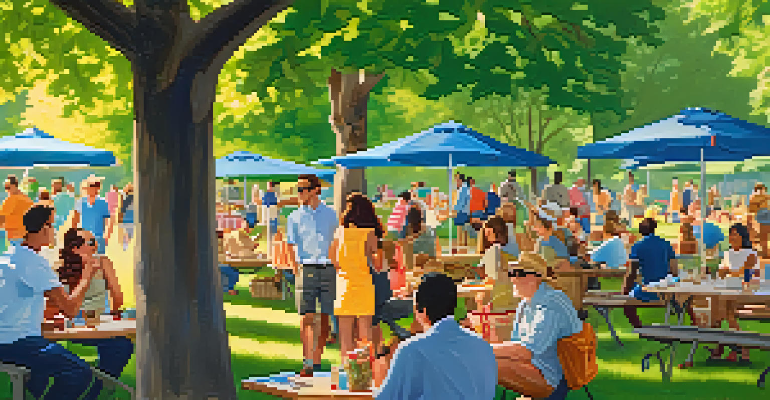 People networking at an outdoor event in a park, mingling under trees with a relaxed and casual atmosphere.