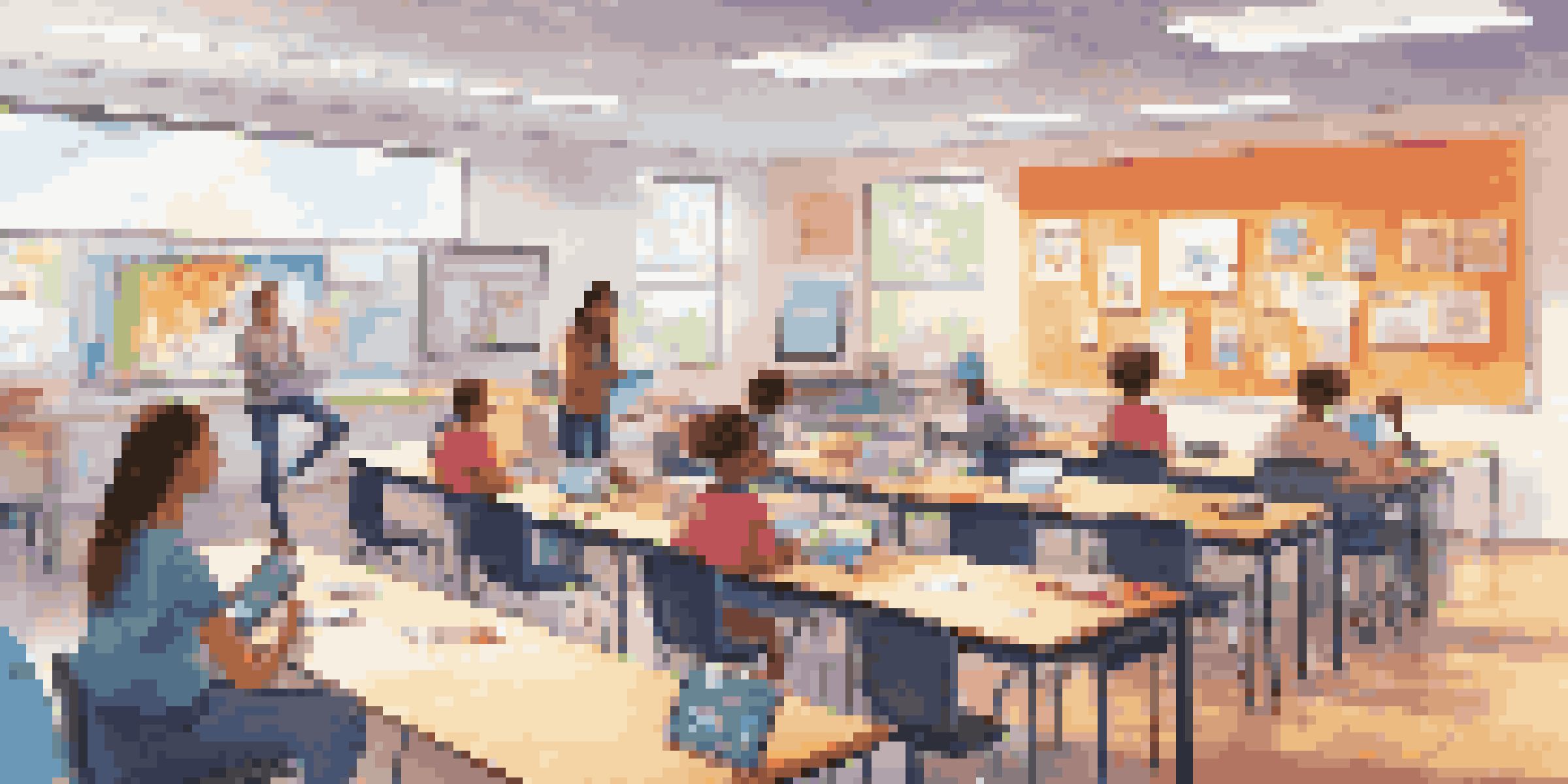 A vibrant classroom where students are using laptops and tablets for digital assessments, with a teacher providing guidance in a bright atmosphere.