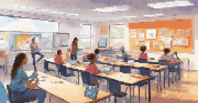 A vibrant classroom where students are using laptops and tablets for digital assessments, with a teacher providing guidance in a bright atmosphere.