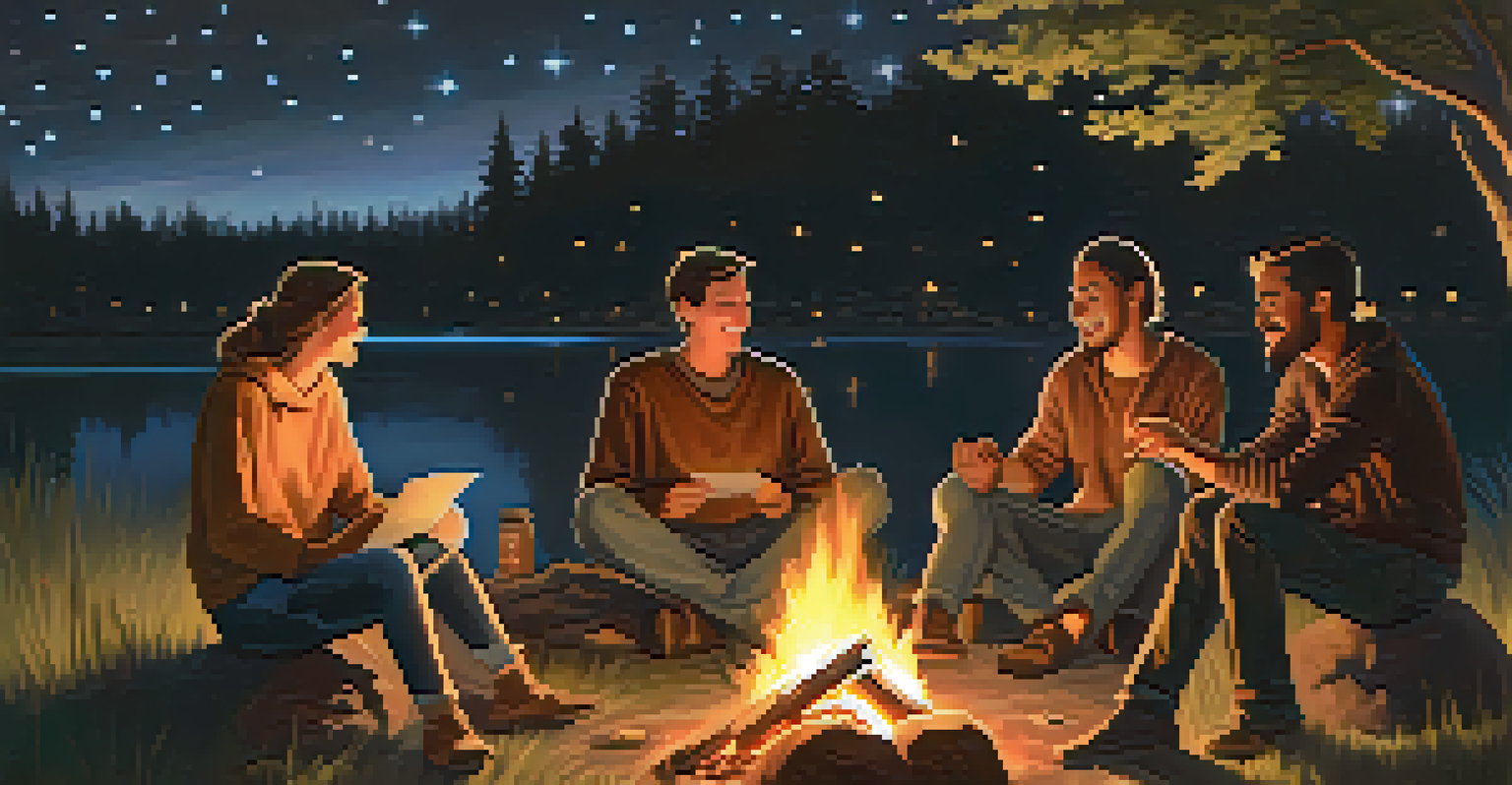 A group of people sitting around a campfire at night, sharing stories and enjoying each other's company.