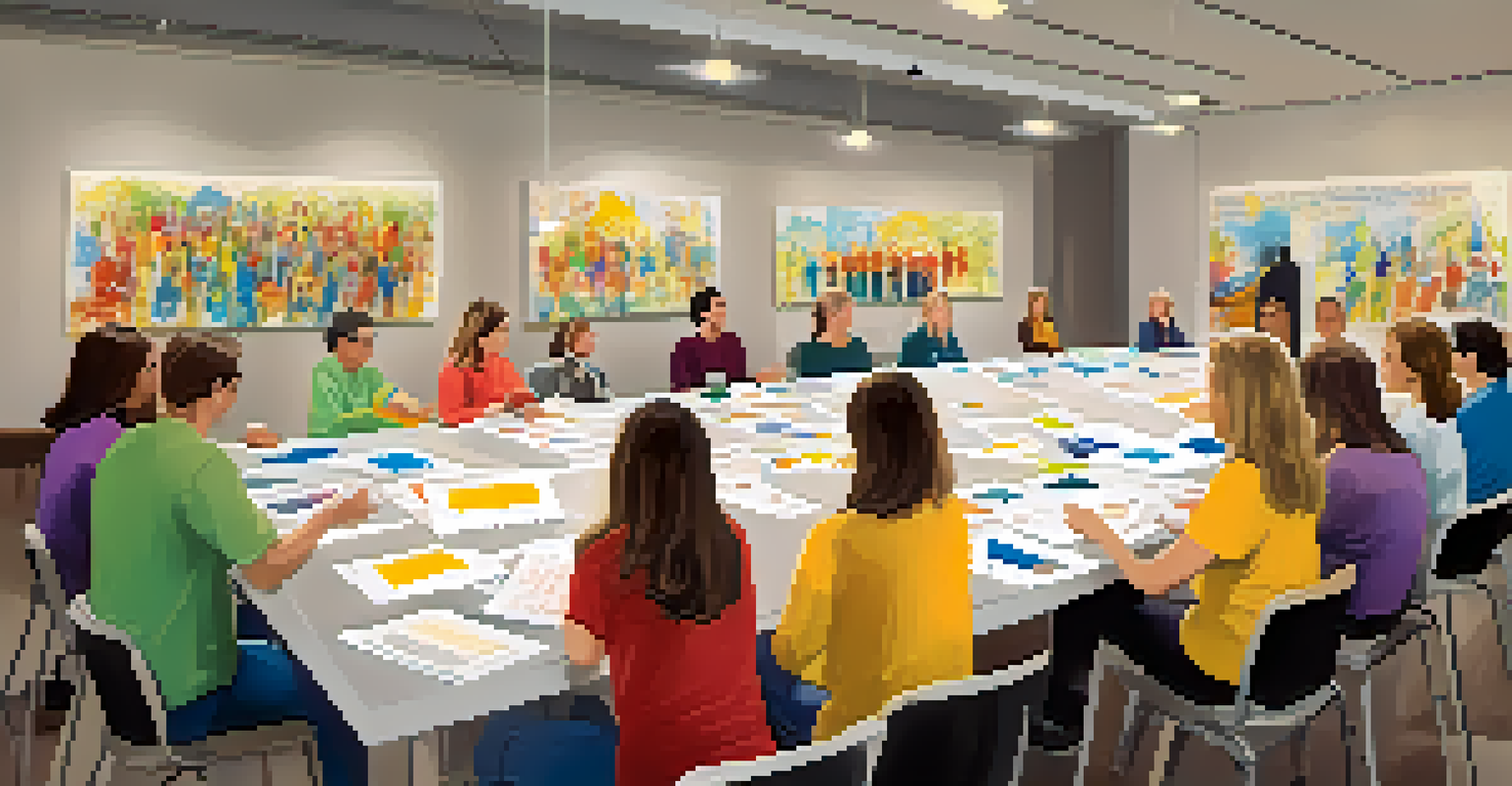 Adults participating in an emotional intelligence workshop, engaging in team-building exercises and practicing active listening.