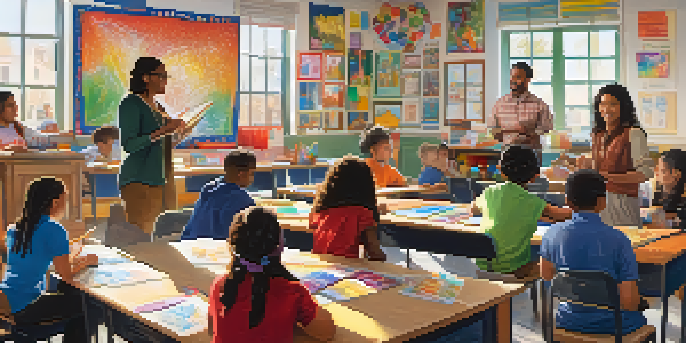 A classroom with a diverse group of students working together on a project, with a teacher guiding them. Sunlight fills the room, highlighting cultural decorations.