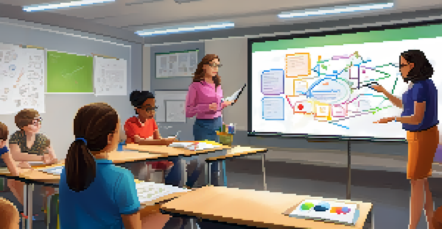 A teacher explaining a concept in a modern classroom filled with engaged students and a whiteboard full of diagrams.