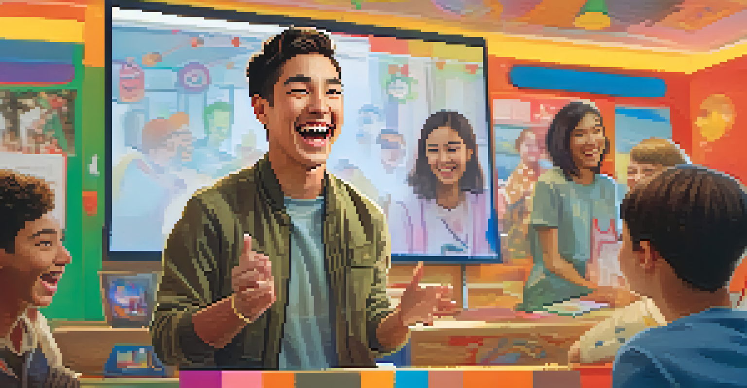 An instructor in an online class sharing a funny anecdote, with students laughing on the screen.