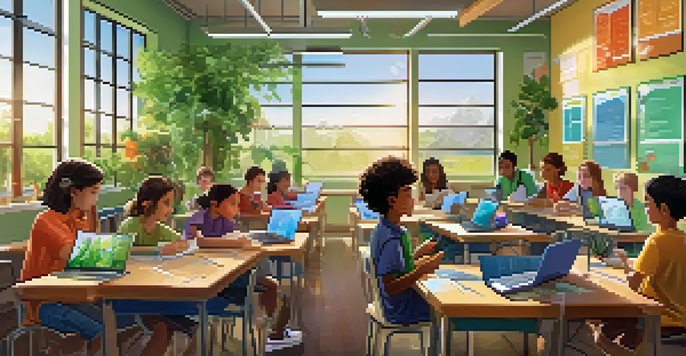 A classroom filled with students working together on a science project with technology.