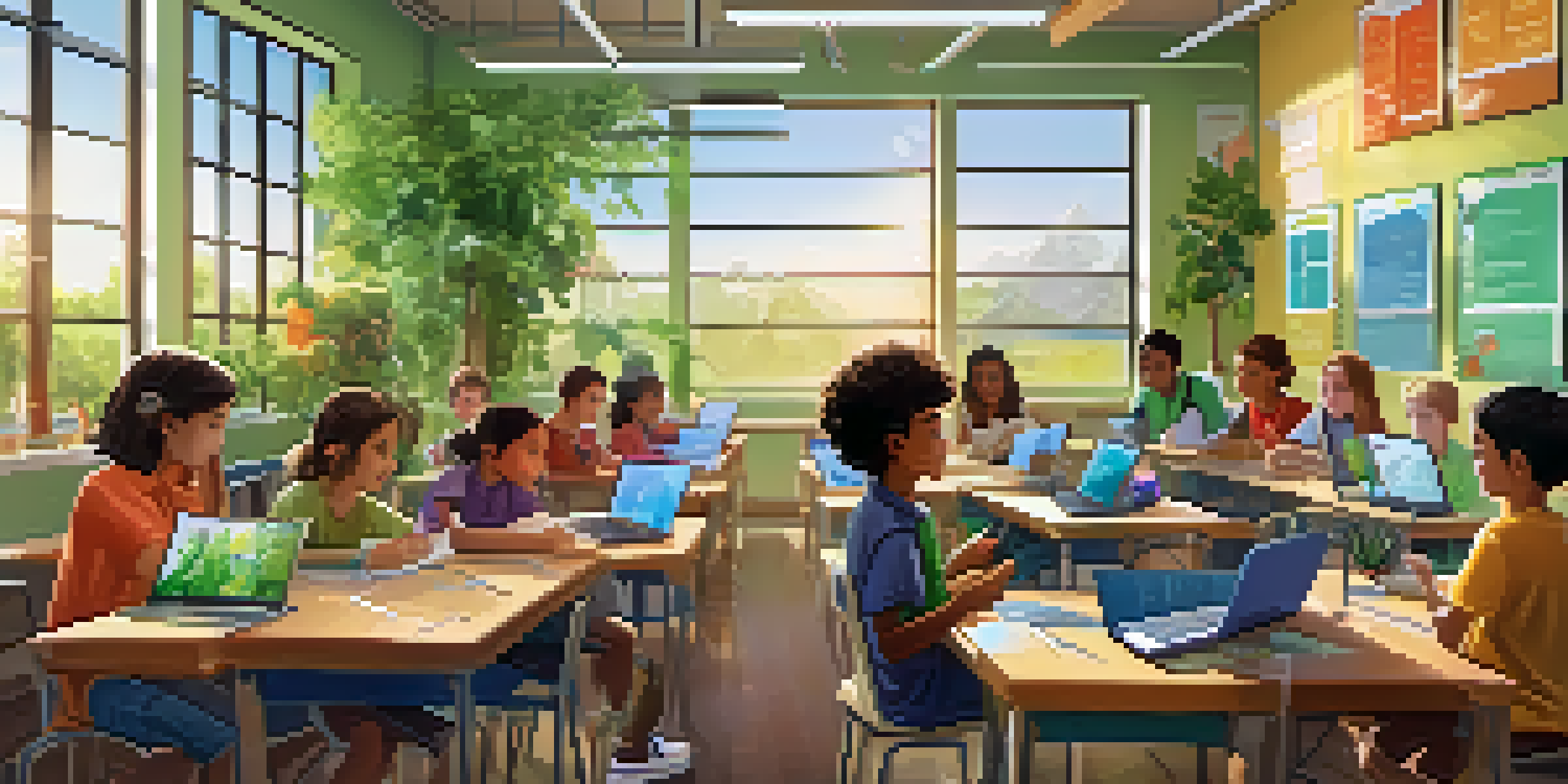 A classroom filled with students working together on a science project with technology.