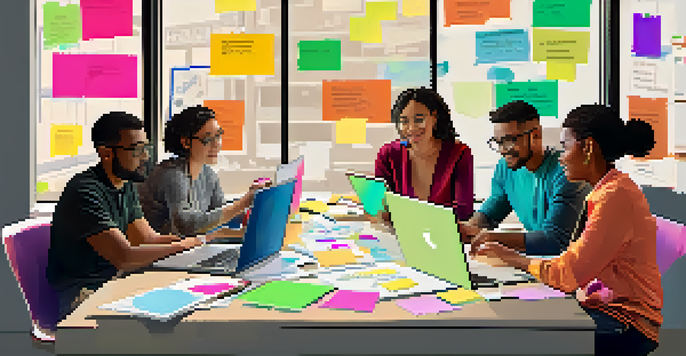 A diverse group of people collaborating on a digital project, surrounded by laptops and colorful notes, with a bright and inviting workspace.