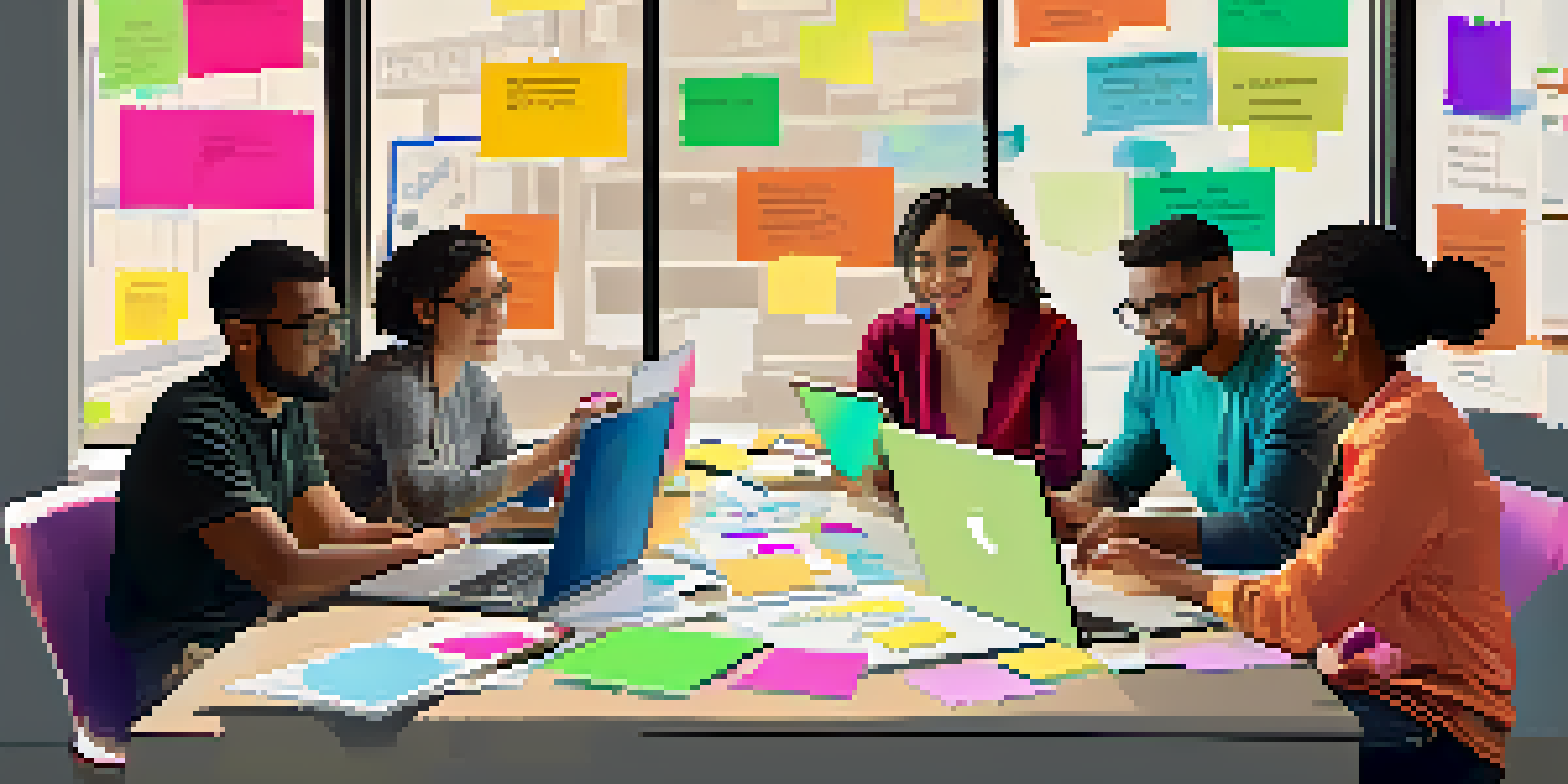 A diverse group of people collaborating on a digital project, surrounded by laptops and colorful notes, with a bright and inviting workspace.
