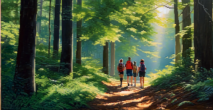 A diverse group of friends hiking in a forest, communicating joyfully in a sunlit environment.