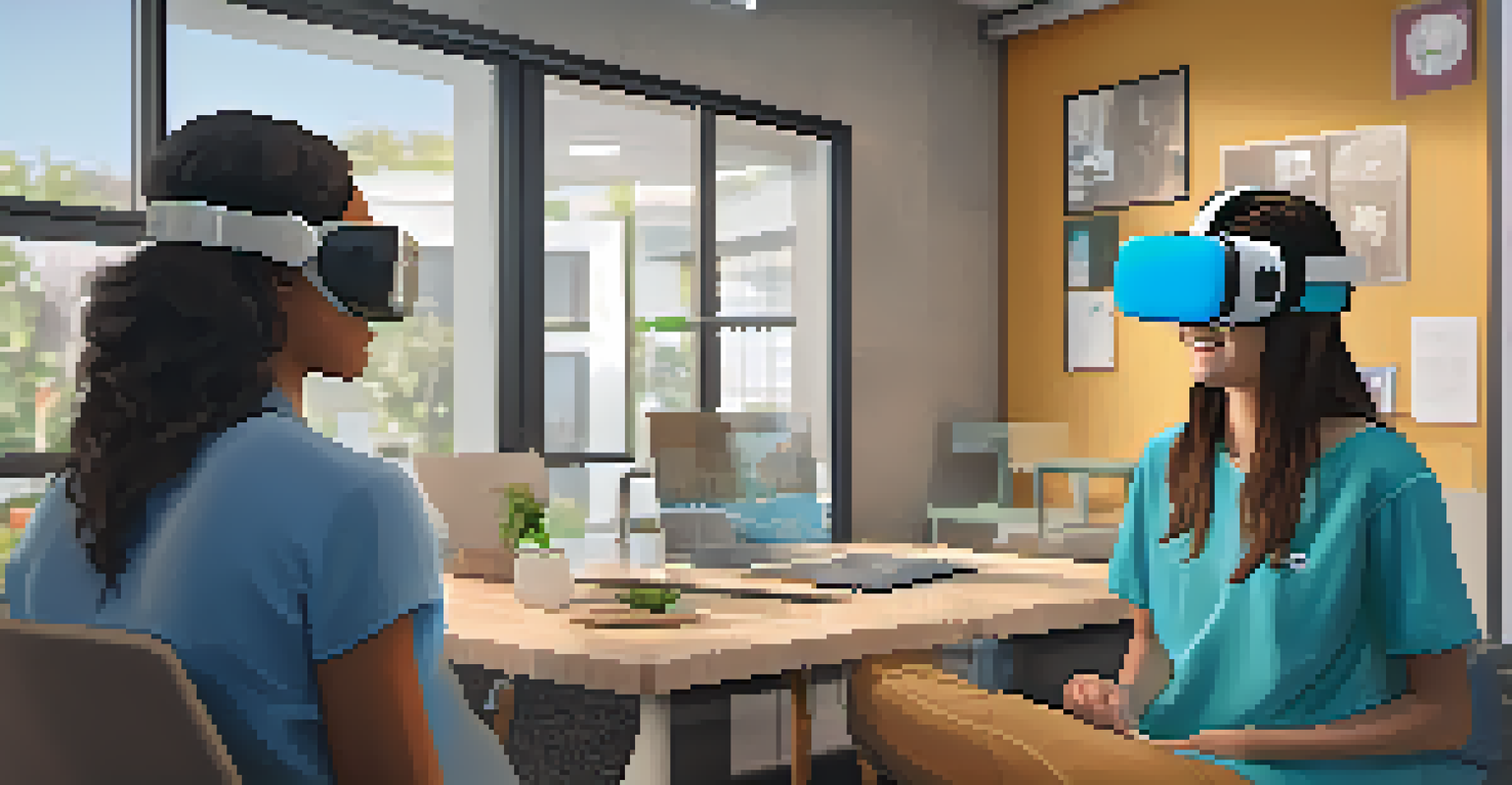 A user in a virtual reality setting practicing conflict resolution skills with animated characters, highlighting innovative learning techniques.