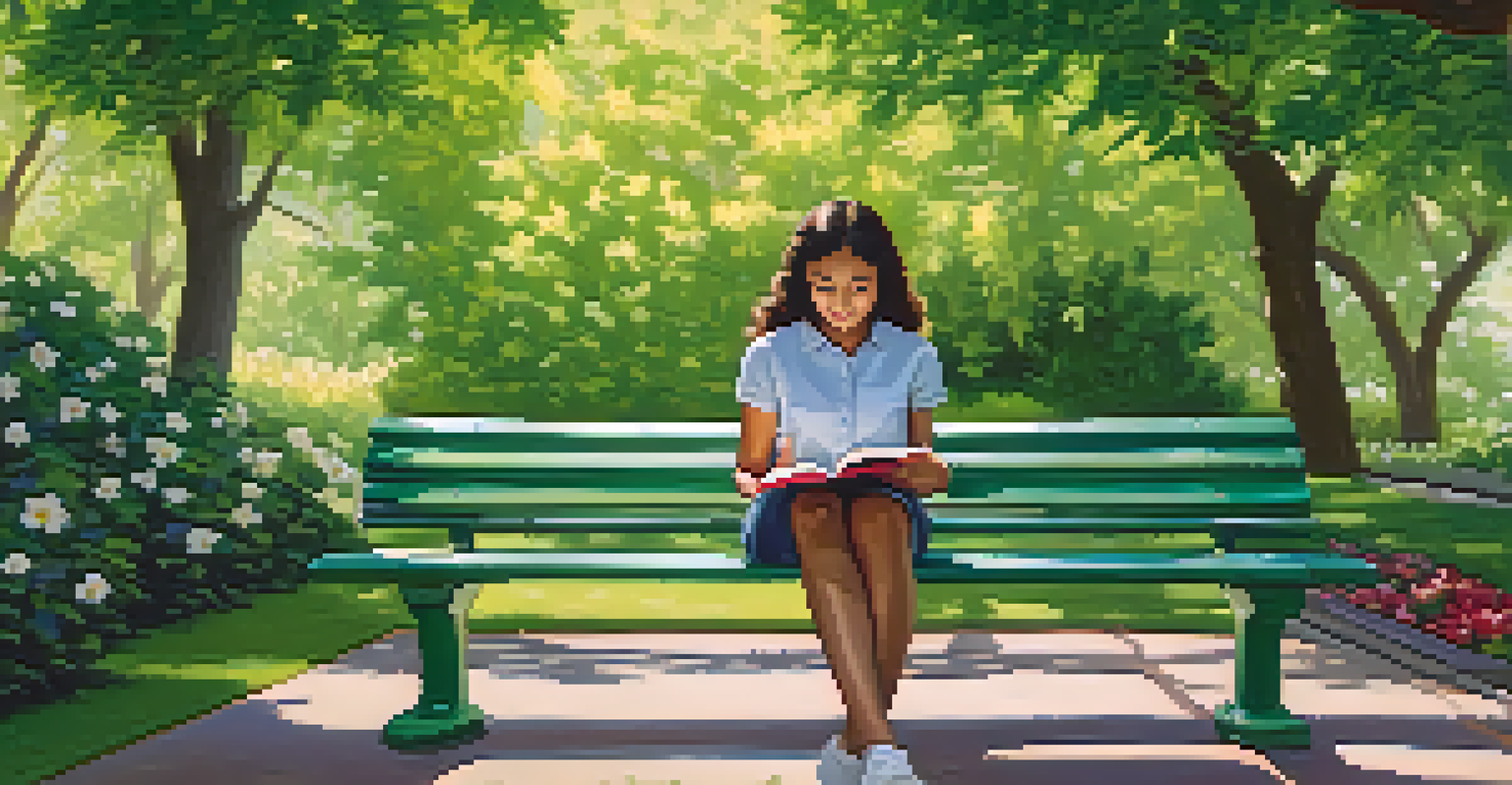 A person reading a book on a park bench, with a notepad nearby, surrounded by nature and vibrant flowers.