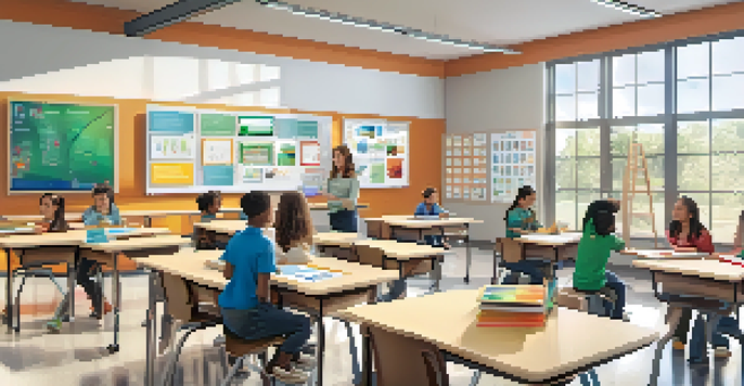 A classroom with students engaged in personalized learning using tablets, with a teacher guiding them.