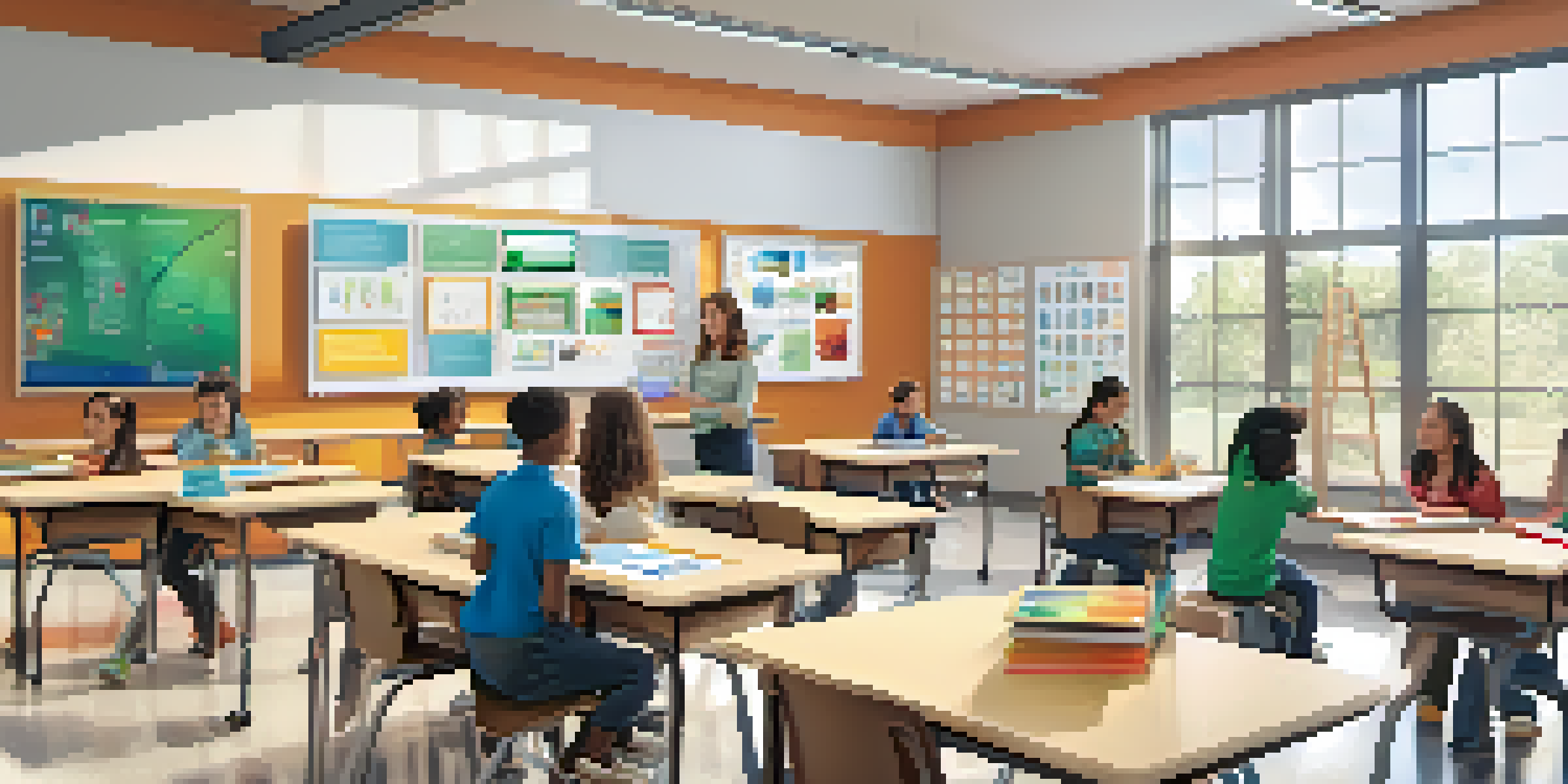 A classroom with students engaged in personalized learning using tablets, with a teacher guiding them.