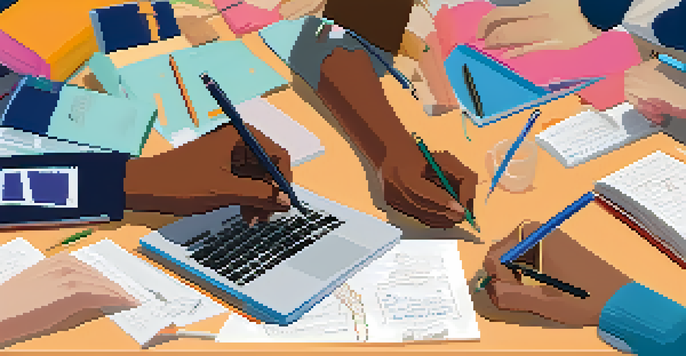 Close-up of diverse students' hands collaborating on a laptop.