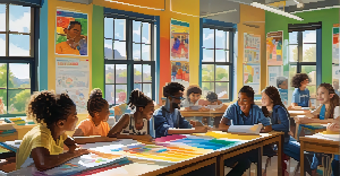 A lively classroom with students from different backgrounds collaborating on projects, surrounded by bright educational materials and sunlight.