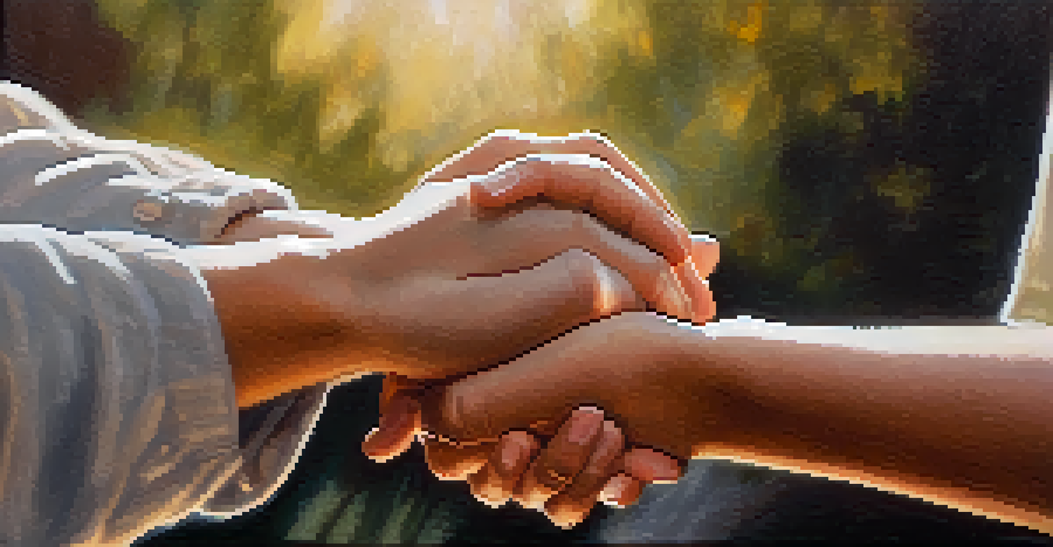 Two hands reaching out for a warm hug, with smiling faces softly blurred in the background.