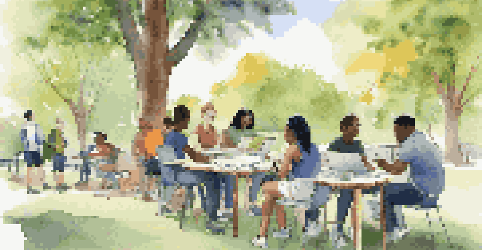 A group of diverse students discussing learning strategies at a table outdoors, surrounded by nature.