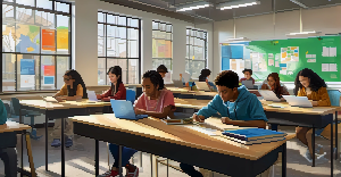 A diverse group of students collaborating in a bright classroom, using laptops and engaging in teamwork.