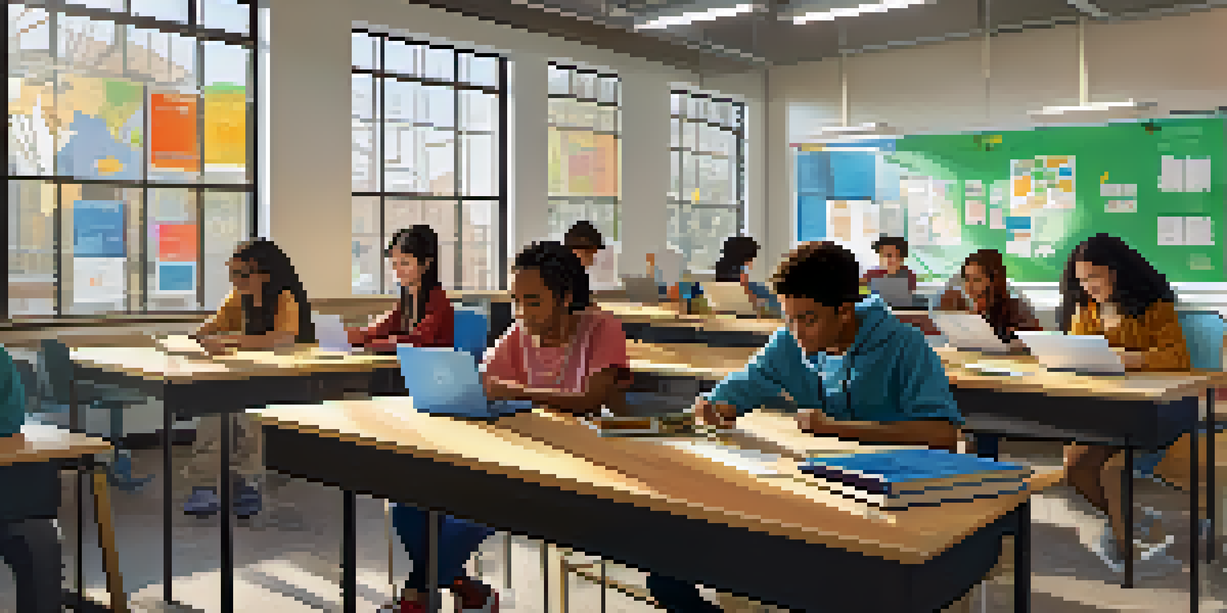 A diverse group of students collaborating in a bright classroom, using laptops and engaging in teamwork.