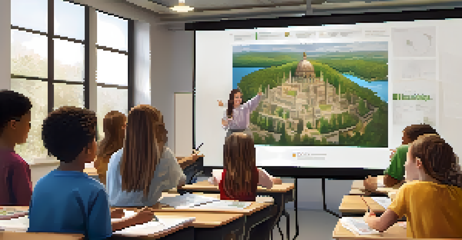 Students in a modern classroom participating in a virtual field trip, engaged and taking notes while viewing historical landmarks on screens.