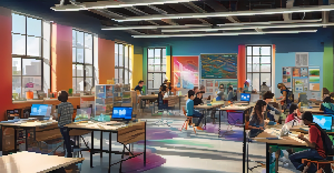 A busy makerspace with students engaged in different projects, surrounded by tools and creative artworks.