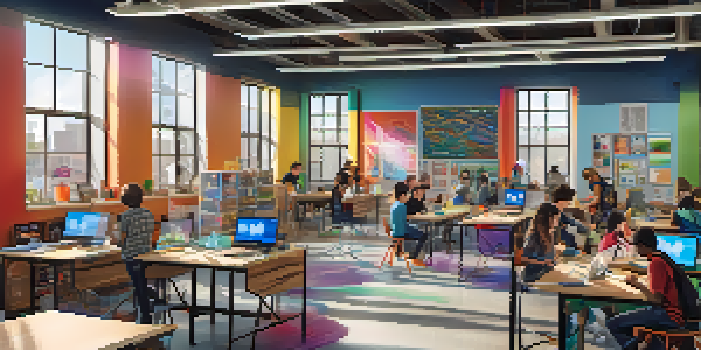 A busy makerspace with students engaged in different projects, surrounded by tools and creative artworks.