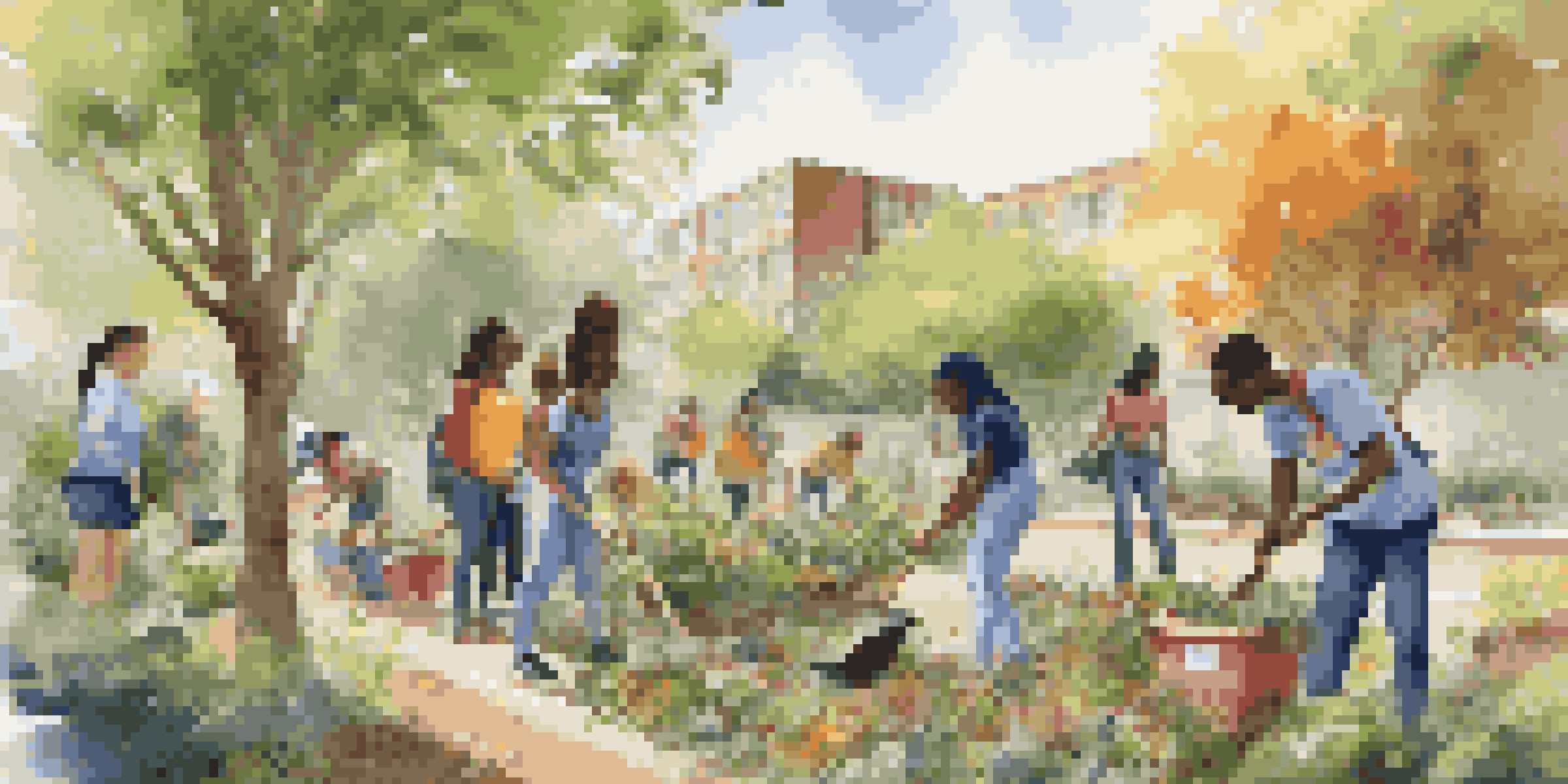 A group of diverse students participating in a community cleanup, showcasing teamwork and environmental awareness amidst greenery.