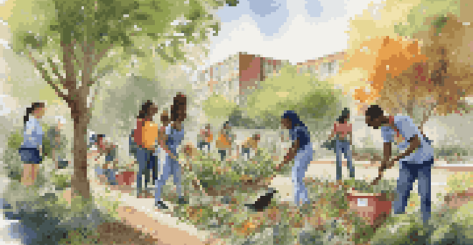 A group of diverse students participating in a community cleanup, showcasing teamwork and environmental awareness amidst greenery.